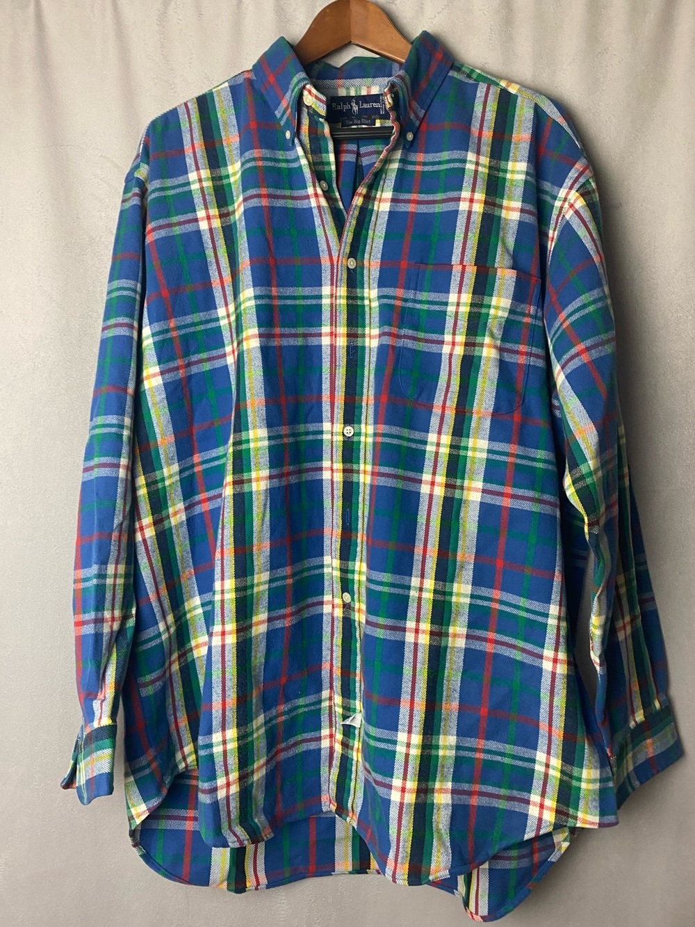Vtg 80s/90s Ralph Lauren Blue Plaid The Big Shirt Preppy Fall Cotton Flannel L